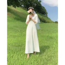 Customized Soft Satin Bridal Dresses With Half Sleeve Elegant Ankle-length Simple Wedding Dress Fashion Square Collar Dresses