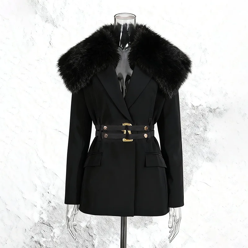 ZAMOR HIGH QUALITY Women's Design Sense Belted Waist Blazer 2026 New Detachable Fur Collar Long Sleeve Slim Suit Coat