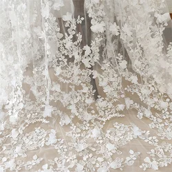 Wedding Lace Fabric Beding Luxury Dress Elegant Style 130CM Wide Rayon Ivory Color Beads+Sequins+Appliques 3D Flowers Lace