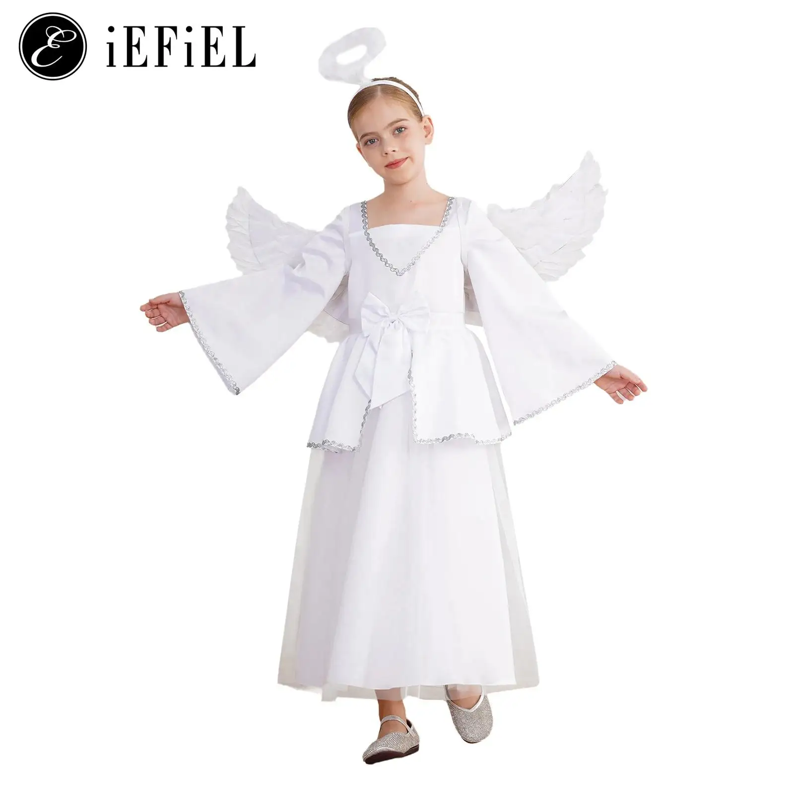 

Kids Girls White Angel Costume V Neck Long Bell Sleeve Peplum Tulle Maxi Dress Gown with Wig Baptism Church Prayer Dress-up