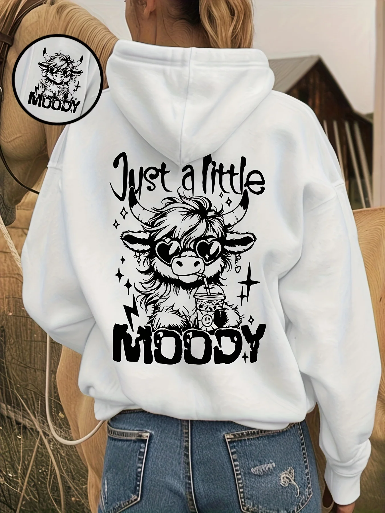 Casual Letter and Cartoon Western Cow Print Hoodie, Drawstring Casual Hooded Pocket Sweatshirt, Suitable for Winter and Autumn, Daily Commute, Women's Clothing, Circle
