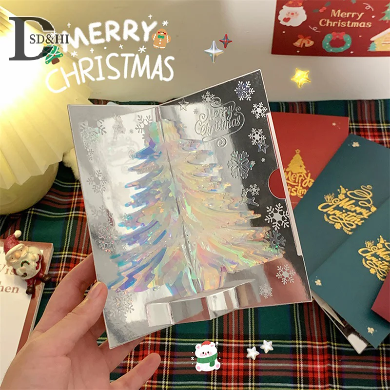 3D Pop Up Christmas Card Merry Christmas Greeting Cards Handwritten Blessing Invitation Card Thanksgiving New Year Gifts