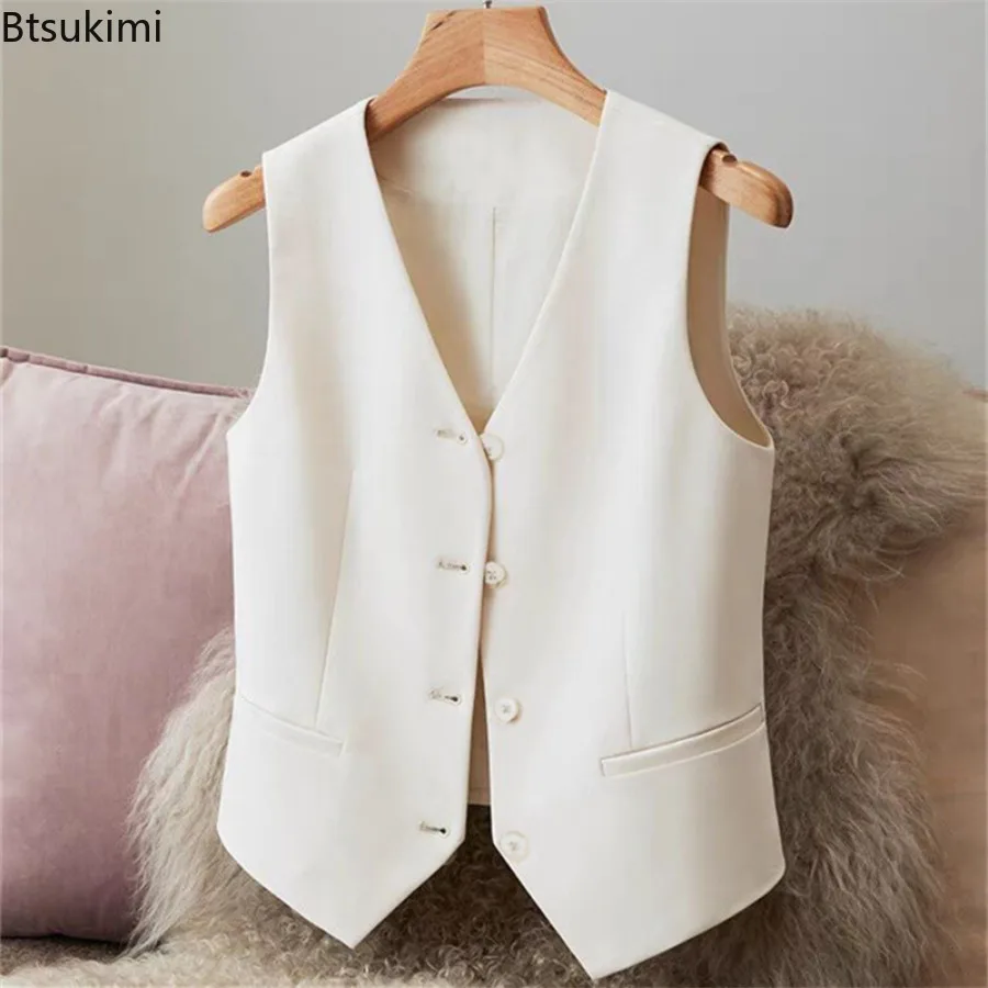 

Blazers Vests Women Simple Single Breasted V-neck Sleeveless Coats Daily Outwear Aesthetic Korean Slim All-match Office Lady New