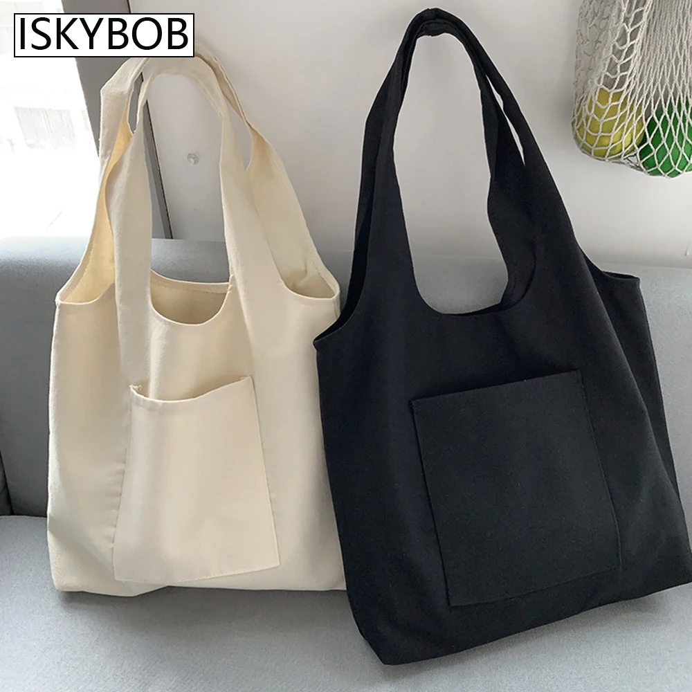 42X36cm Canvas Shopping Bag Beige/Black Women Girl Reusable Eco HandBags Non-woven fabric Large Capacity Solid Color Tote Bags