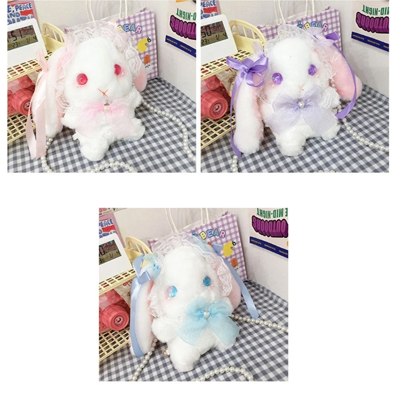 Rabbit Shaped Shoulder Bags for Women Plush Lace Crossbody Purses Soft Bag with Beaded Strap New Dropship