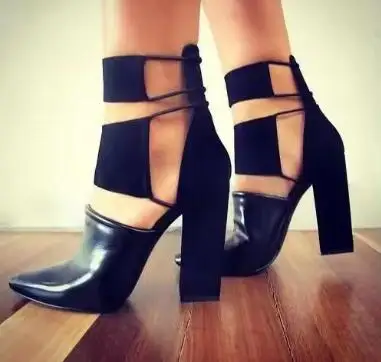 

Spring Fashion Black Smooth Leather Women Pointy Toe Pumps Thin Straps Cut Out Ladies Chunky Heel Shoes Rome Style Pumps