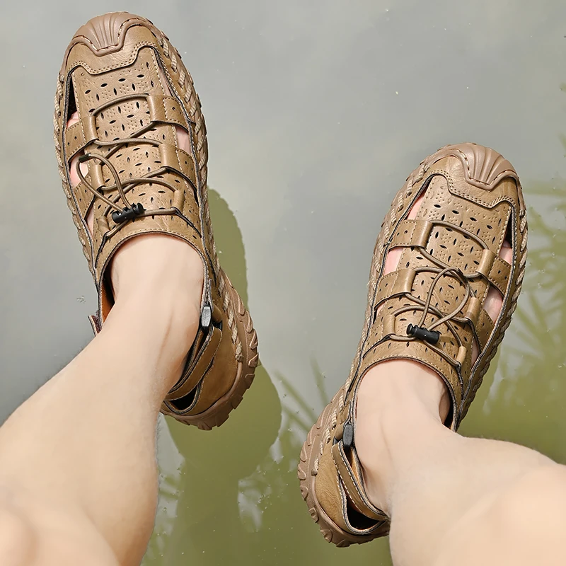 

Summer Men Soft Soled Sandals Hand Sewn Dual-use Shoes Breathable Non Slip Outdoor High-end Leisure Sports Beach Shoes