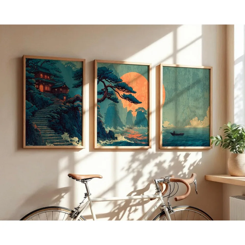 3pcs frameless Canvas Painting  Frameless Japanese Landscape Painting,Ukiyo-e Wall Art, Chashan Temple Red Sun Ocean Poster,Zen