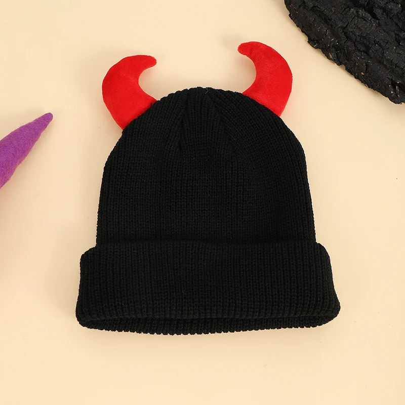 European and American cross-border hiphop little devil horned knitted hat, trendy and versatile Halloween style funny woolen hat