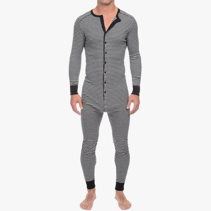 Men's Striped One Piece Pyjamas Long Sleeve Tight Jumpsuit Onesie Pajamas Loose Home Wear Cozy Leisure Sleepwear S-3XL
