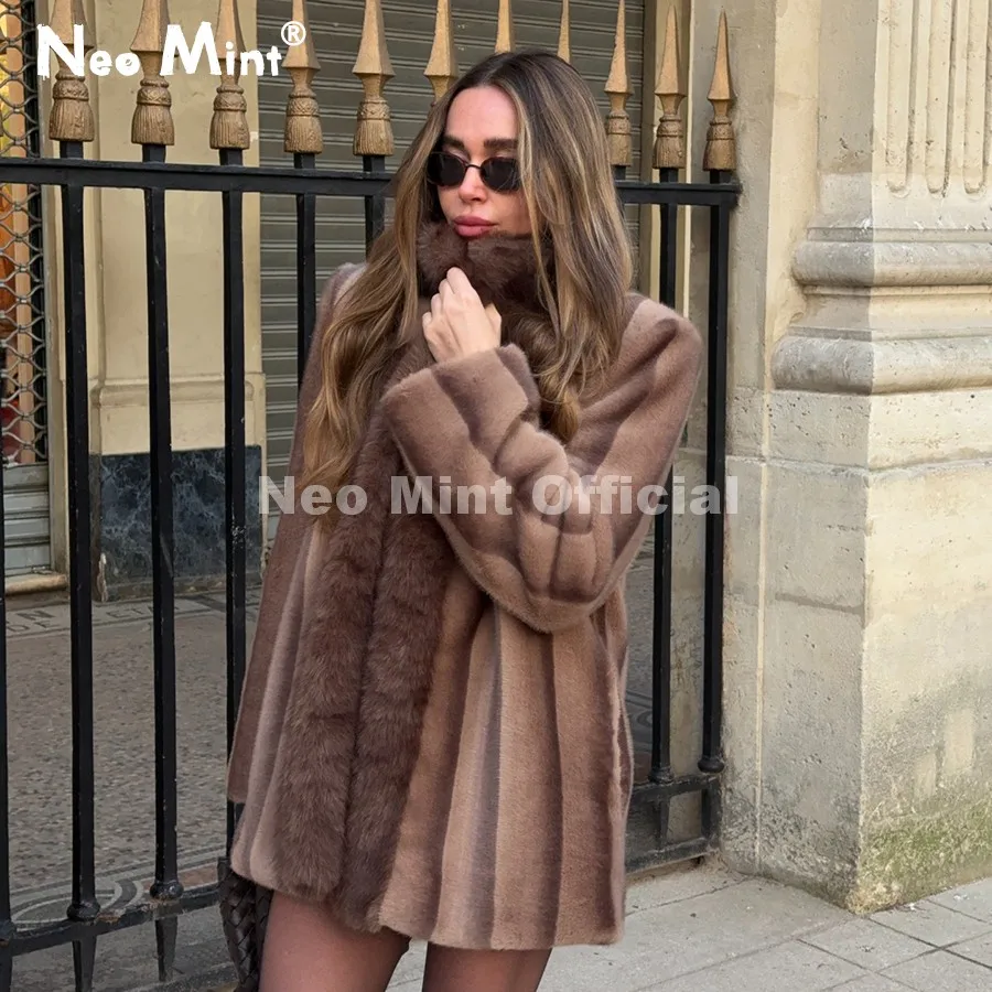 Neo Mint Hot Fashion 2026 Winter Luxury Striped Faux Mink Fur Jacket Women Stylish Power Shoulder Fur Trim Blazer Coat Outerwear