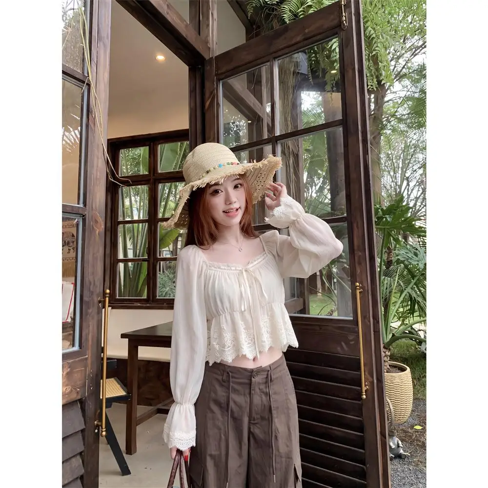 Chic Loose Short Sleeveless Women's Chiffon Shirt Gentle Style Long Sleeve Tied Waist Autumn Fashion Top Youthful Look