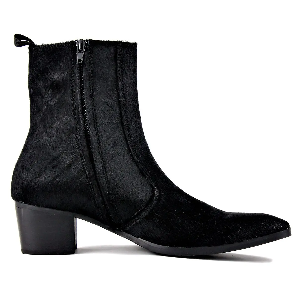 Handmade Customized Pionted Toe Men Real Fur Black Genuine Leather Slim Fit Zipper Denim Dress Boots