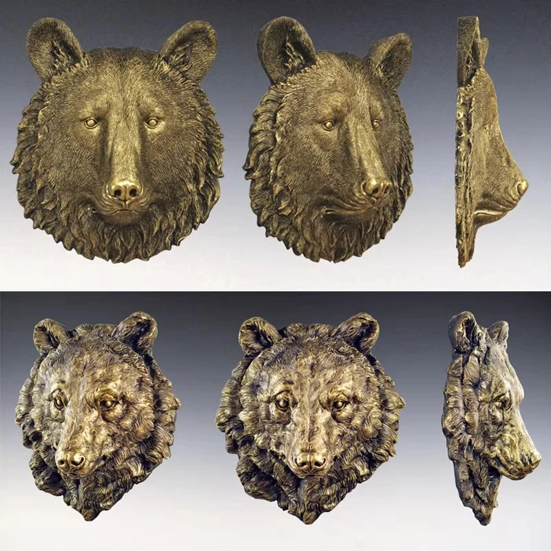Golden Bear Wall Hanging Simulated Animal Sculpture Animal Head Ornament Brown Bear Background Wall Home Decoration