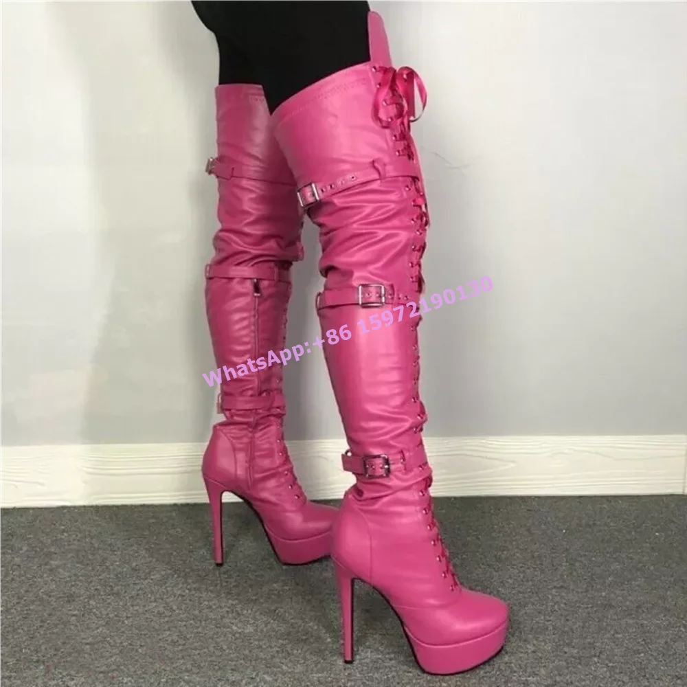 Rose Buckle Belt Long Boots Ribbon Cross Tied Platform Side Zipper High Heels Customize Color Boots Hotties Runway Fire Shoes