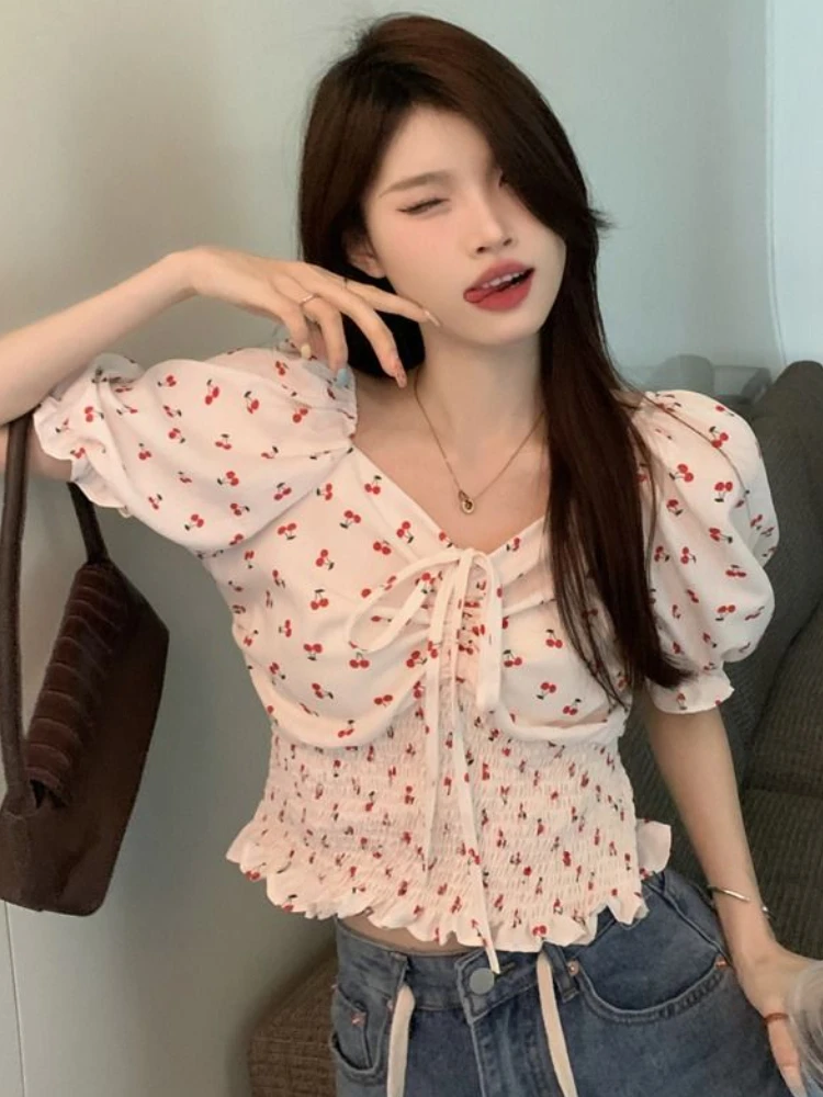 Floral Puff Sleeve Blouses Women Lace-up Hotsweet Slim Fashion Summer Crop Tops Vintage Casual All-match Korean Style Aesthetic