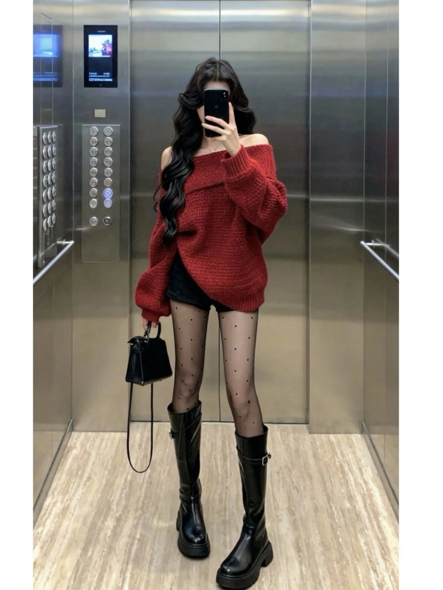 

Красный вязаный свитер на одно плечо, женский свободный крой, накидка средней длины, новогодняя мода, повседневный длинный топ све