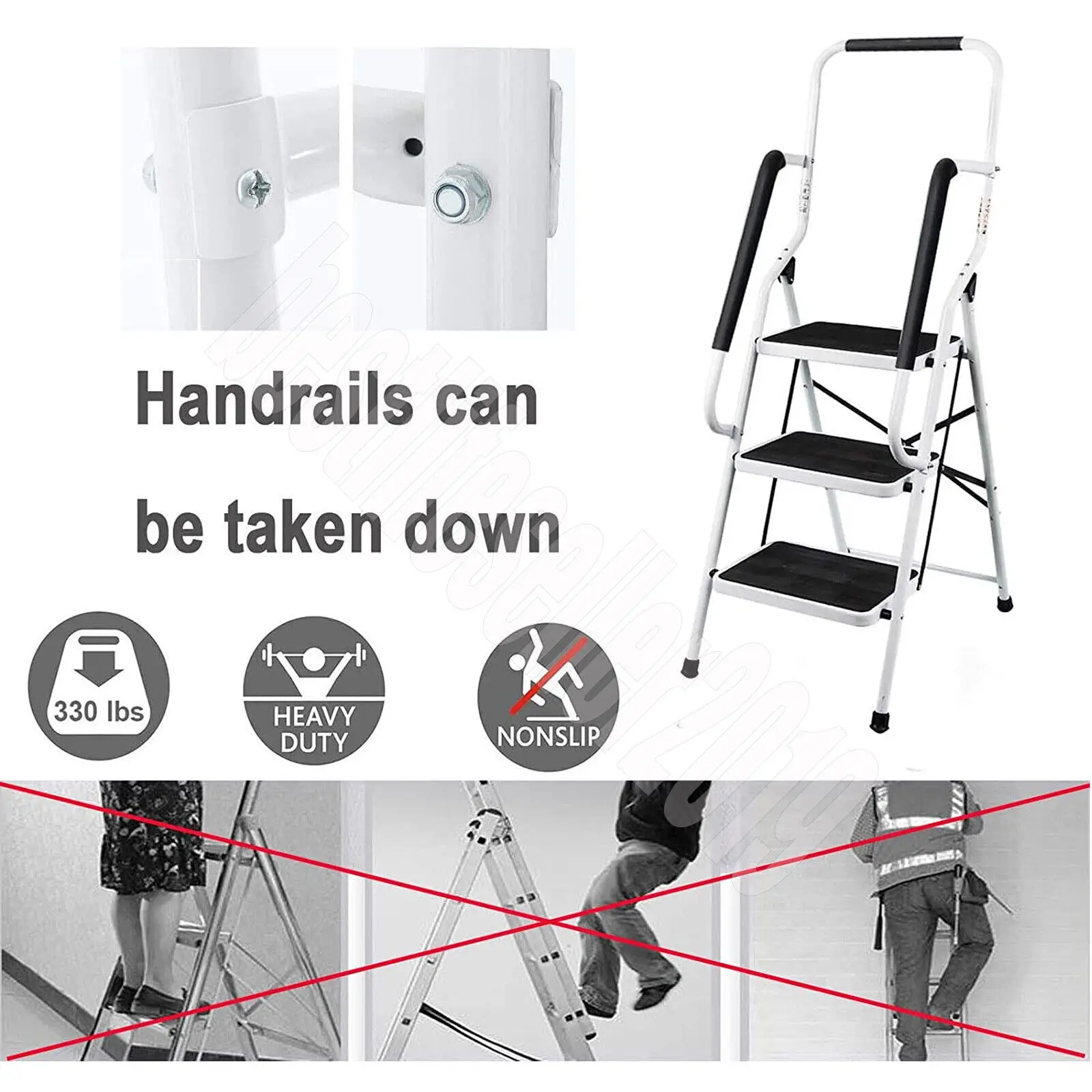 3-Stufen-Leiter mit Handlauf, klappbare Trittleiter, tragbare Stahl-Trittleiter für die Küche zu Hause, 150 kg Tragkraft, einfach zu verstauen