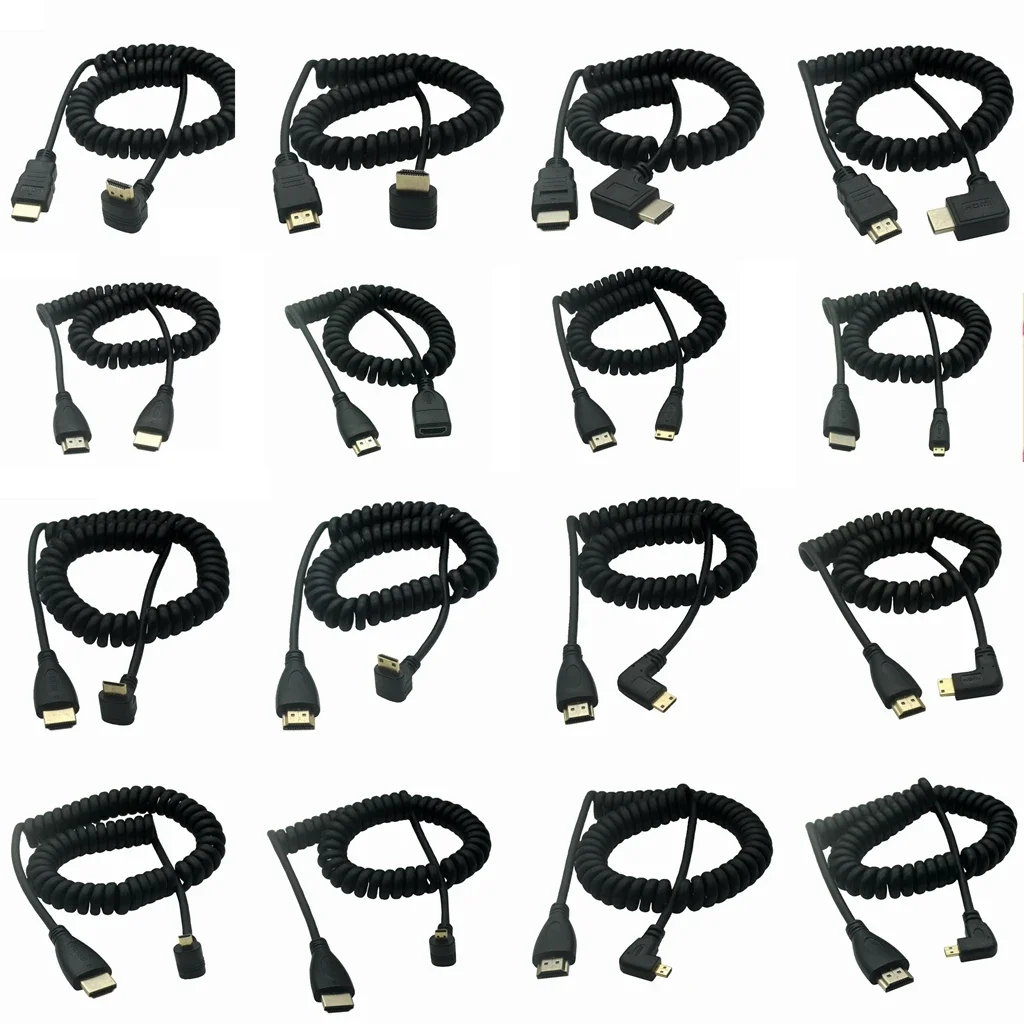 HDMI-compatible HDTV To Right & Left Angle Mini HDTV & HDTV & Micro HDTV Male To Male Stretch Spring Curl Flexible Cable V1.4