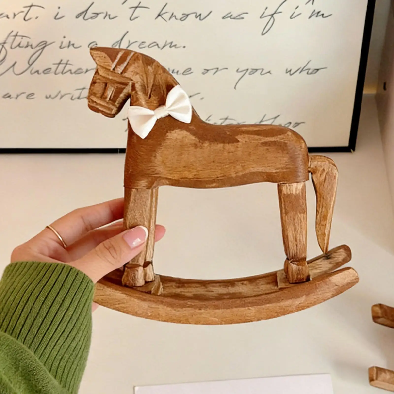 Rocking Horse Figurine Wooden Decor Carved Craft Collectible Sculpture Artwork for Office Shelf or Home Desktop