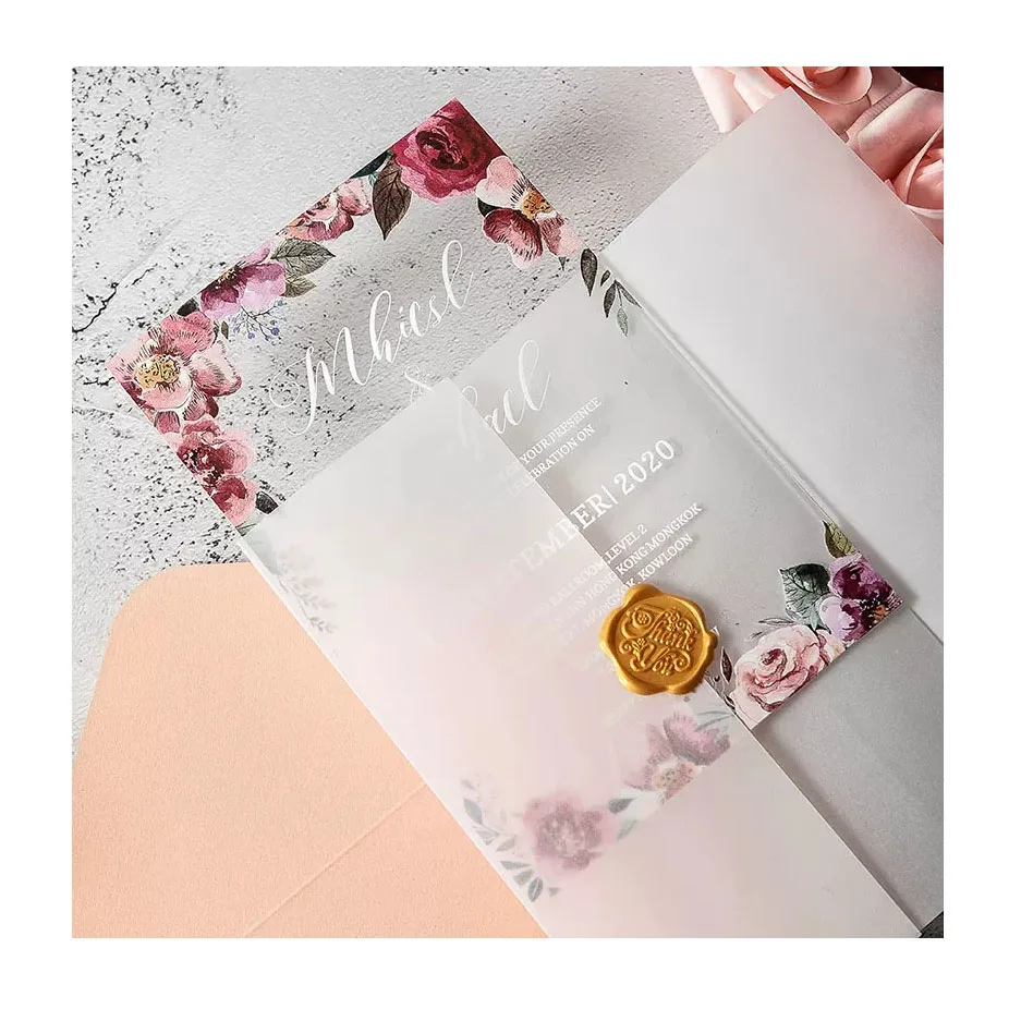 Custom luxury wedding invitation card with Envelopes wax Seal stickers Greeting cards printed Clear Acrylic wedding Invitations