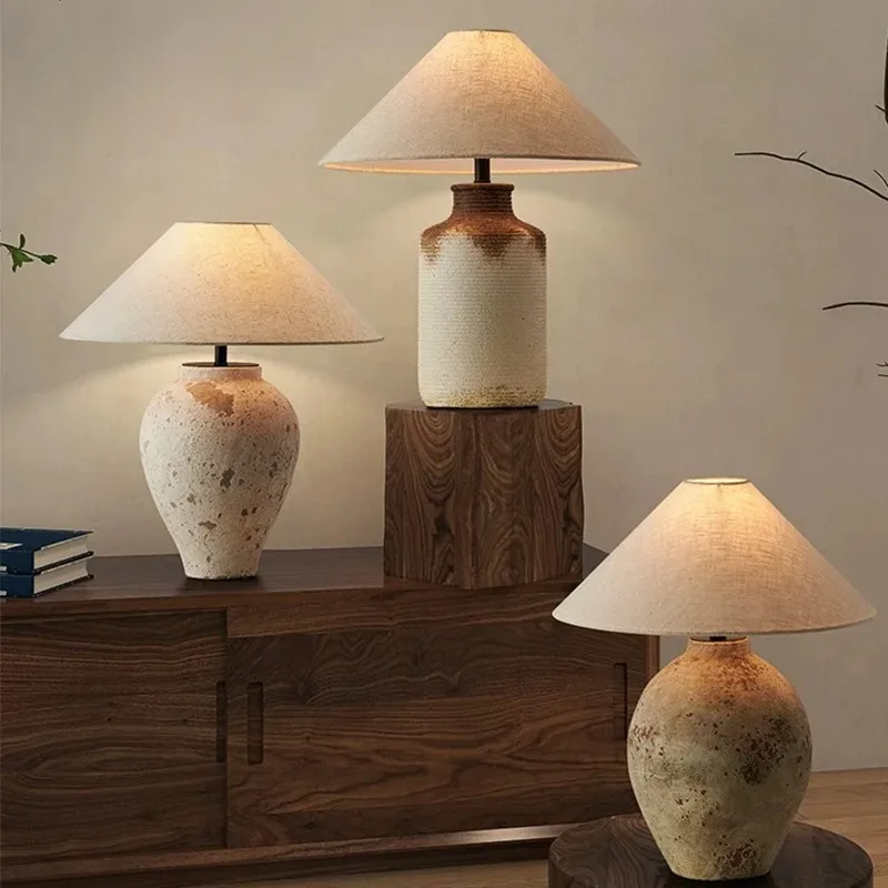 

Japanese Wabi-sabi Ceramic Floor Lamp LED Vintage Art Decorative Desk Light Fabric Lampshade Tea Room Study Bedroom Bar Homestay