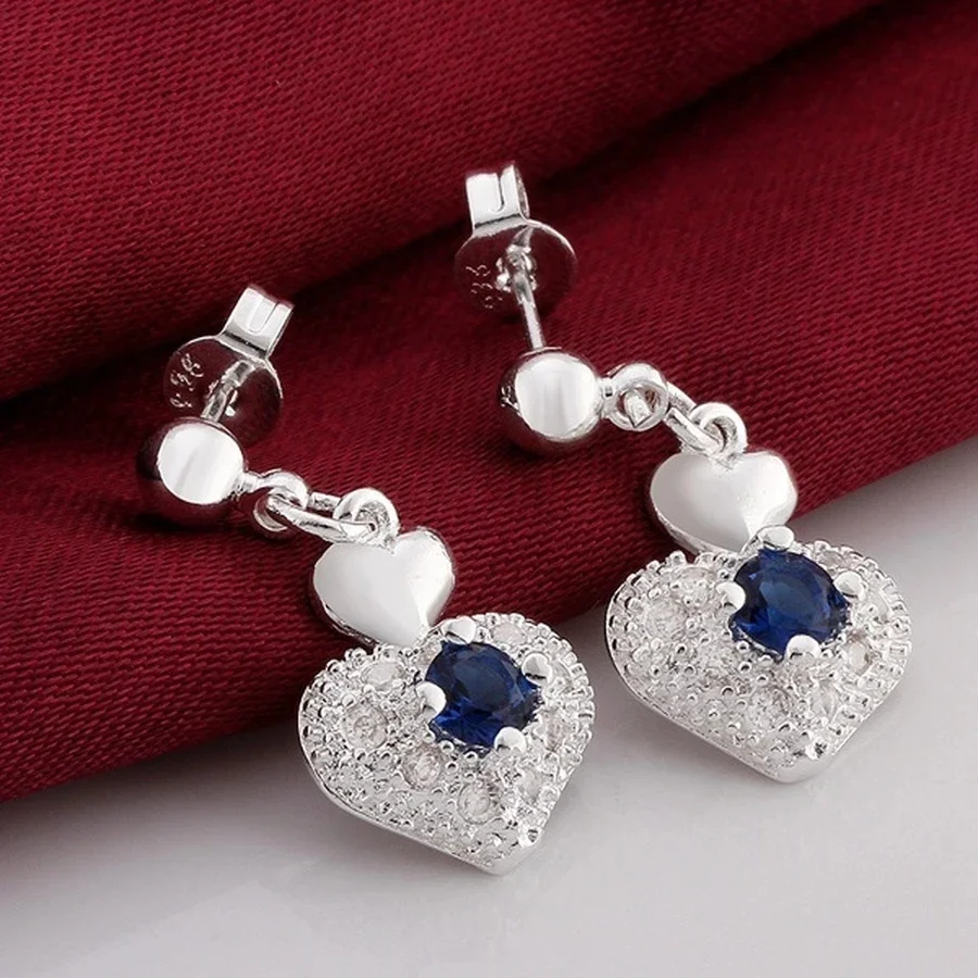 Hot new 925 Sterling Silver noble blue Zircon heart stud Earrings for Women wedding engagement streetwear Jewelry Birthday gifts