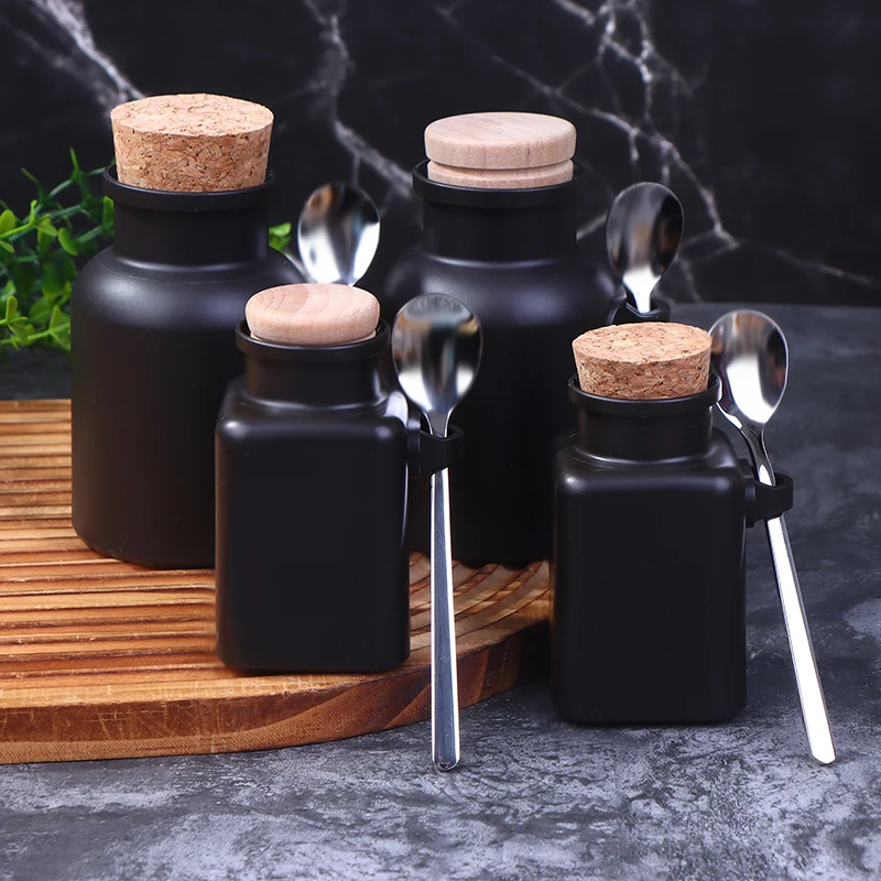 Frascos de sales de baño vacíos ABS esmerilado de 100/200g con corcho y cuchara de acero inoxidable, bote multiusos para almacenamiento de alimentos en polvo para máscara