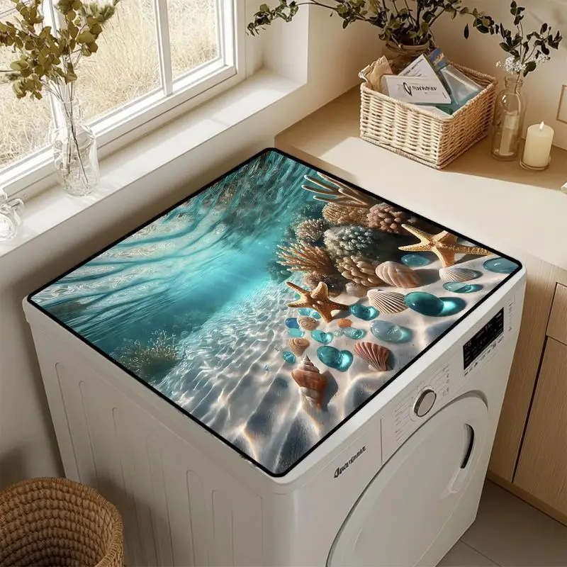 VIKAMA Coastal Beach Starfish Seashell Washing Machine Top Mat Turquoise Ocean Sand Coral Pebble Water Resistant Non Slip Soft
