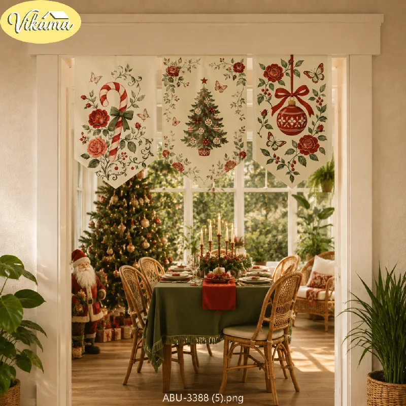 VIKAMA French Vintage Red Rose Christmas Triangular Bunting, Triangular Bunting for Entryway and Foyer, Festive Wall Decor
