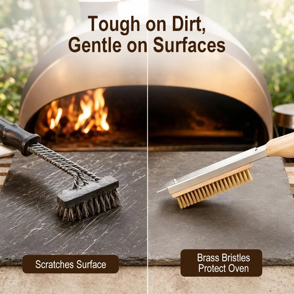 2-in-1 Brass Wire Pizza Oven Cleaner Brush Detachable Wooden Handle Scraper for Outdoor Wood Fired Pizza Oven BBQ Accessories