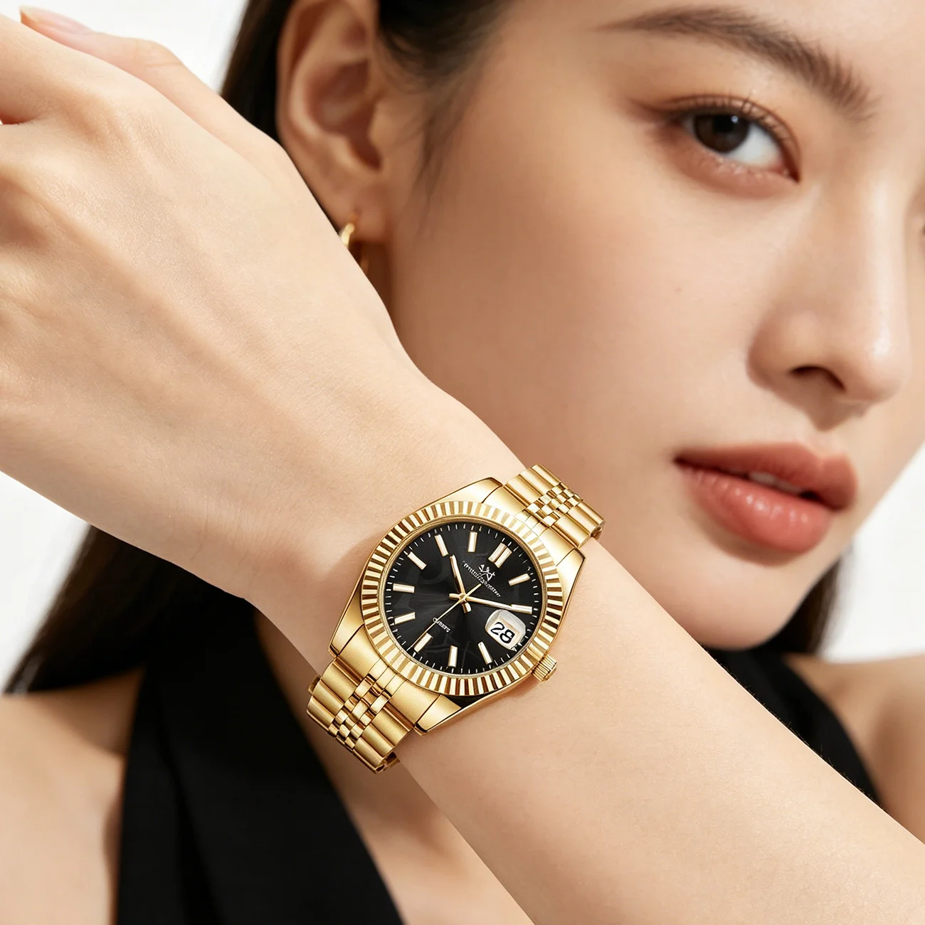 PN Luxury Waterproof Ladies Quartz Watch Large Dial Classic Stainless Steel Band with Date Display
