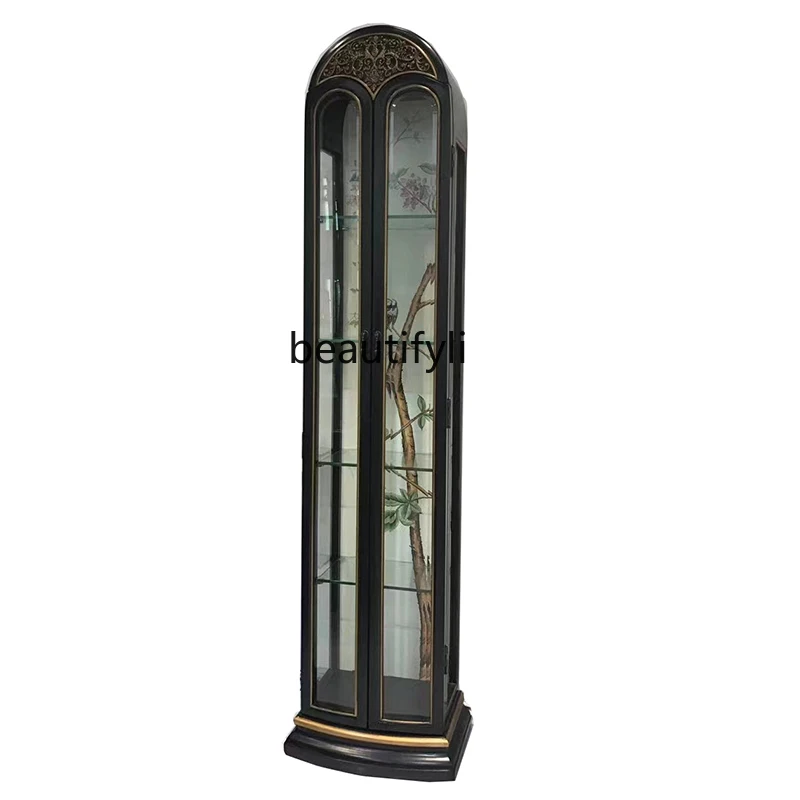 

American Wine Cabinet Display Cabinet Made of Glass Small Apartment Arched Living Room European Retro Painted Wall Curio Cabinet