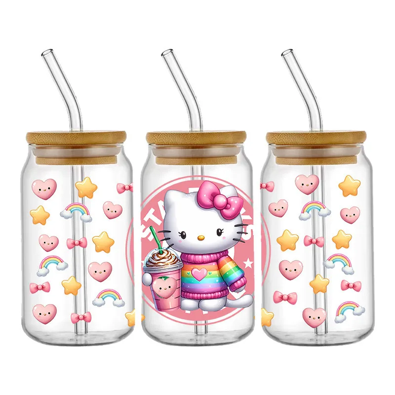 Sanurgente-Boîte à café Hello Kitty Stitch avec des amis, verre rond, 3D, étanche, UV, DTF, 16oz, étiez bey