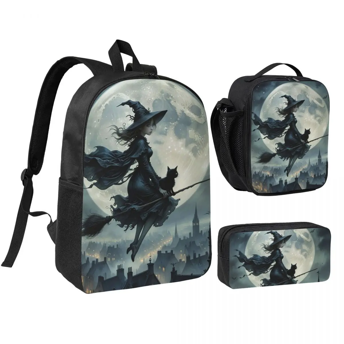 Witch And Cat Fly On Sky Backpack Boys Girls BookBag School Bag Shoulder Bags 3ps Insulated Lunch Bag Pencil Case