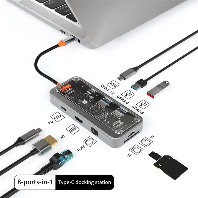 USB C Hub 8 في 1 Type-C 3.1 إلى 4K محول 5GB RJ45 SD/TF قارئ بطاقات محور السماء الداكنة رمادي وشفاف USB 3.0 100W PD لأجهزة الكمبيوتر المحمولة