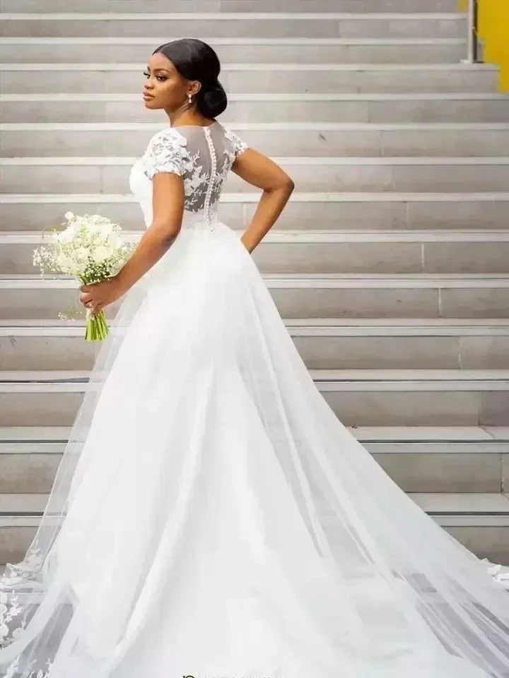 Customized Plus Size Mermaid Wedding Bridal Gowns Capped V Neck Court Train Overskirts Short Sleeves Formal Dresses Robe