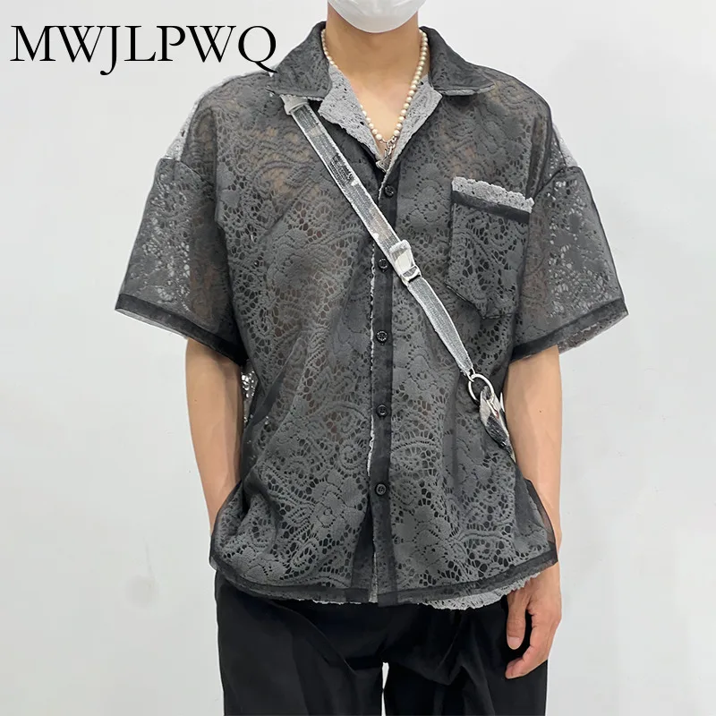 

MWJLPWQ 2025 Summer Lace Hollow Out Design Sense Short Sleeve Shirt Male High Street Lapel Single Breasted Casual Top New 010975