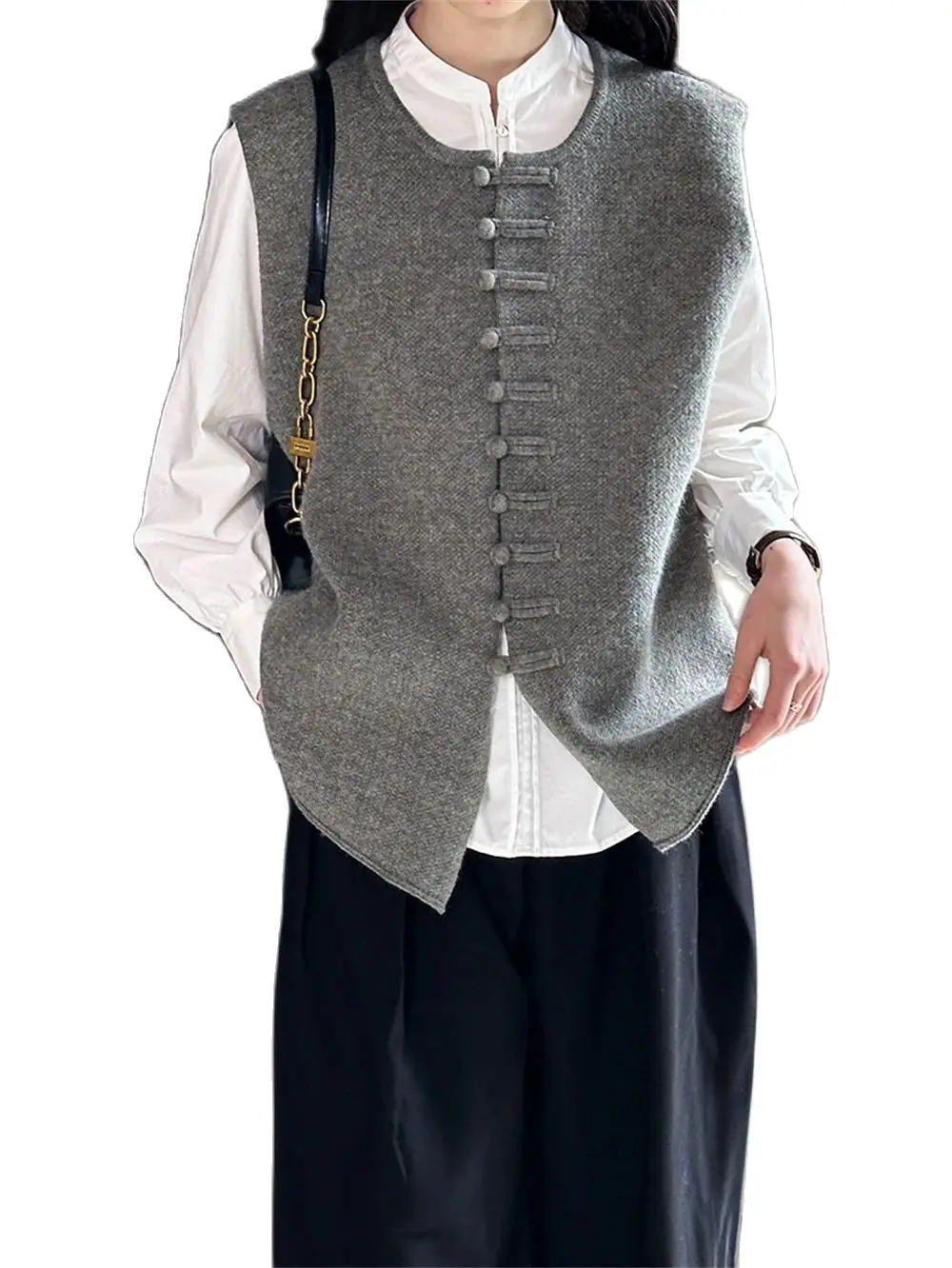 Gilet lavorato a maglia con fibbia a disco in stile cinese donna primavera migliorata Cardigan senza maniche top donna allentato girocollo gilet regalo nuovo