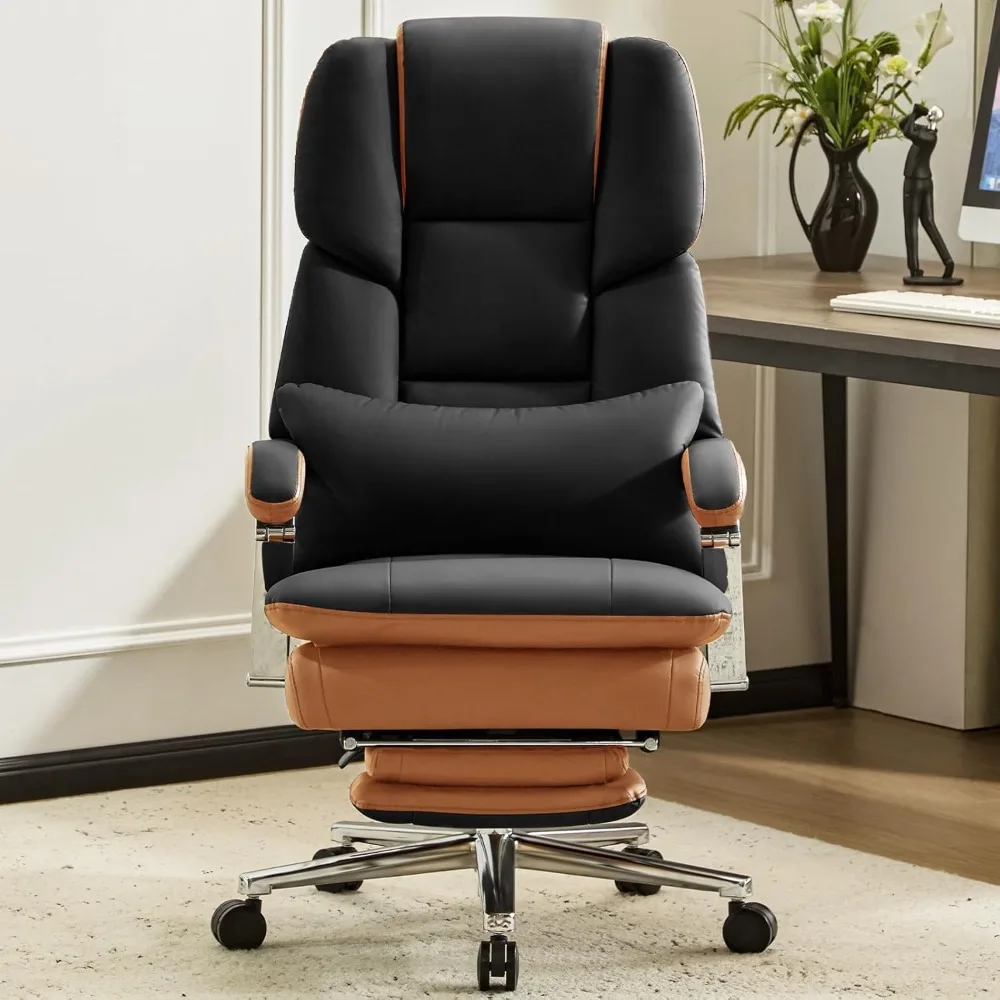 Krzesło biurowe skórzane, rozkładane, o dużej wydajności, udźwig 227 kg (500 lbs), dla osób wysokich i o dużym wzroście, z podnóżkiem i szerokim siedziskiem zapewniającym komfortowe siedzenie przy biurku.