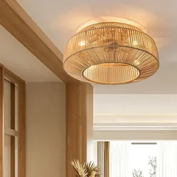 Bohemian Wabi-Sabi Bamboo Rattan Ceiling Fan with Light Retro Handmade Invisible Fan for Bedroom Living Room Ceiling Fan Lamp
