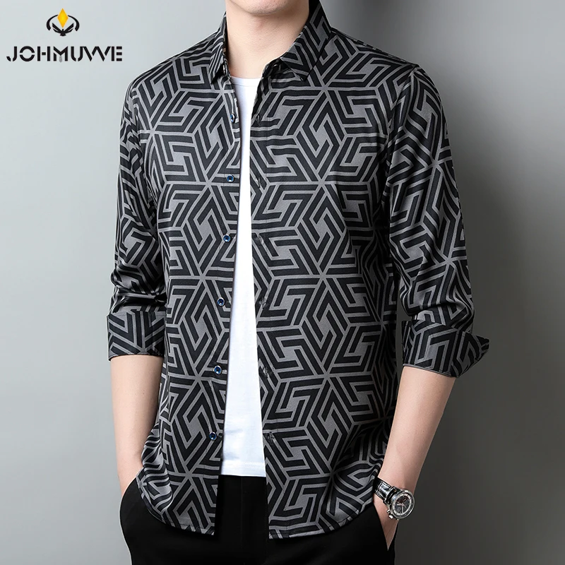 

New Men's Casual Printed Long Sleeved Lapel Shirt for Spring and Autumn Fashion Comfortable Wrinkle Free Top Without Ironing