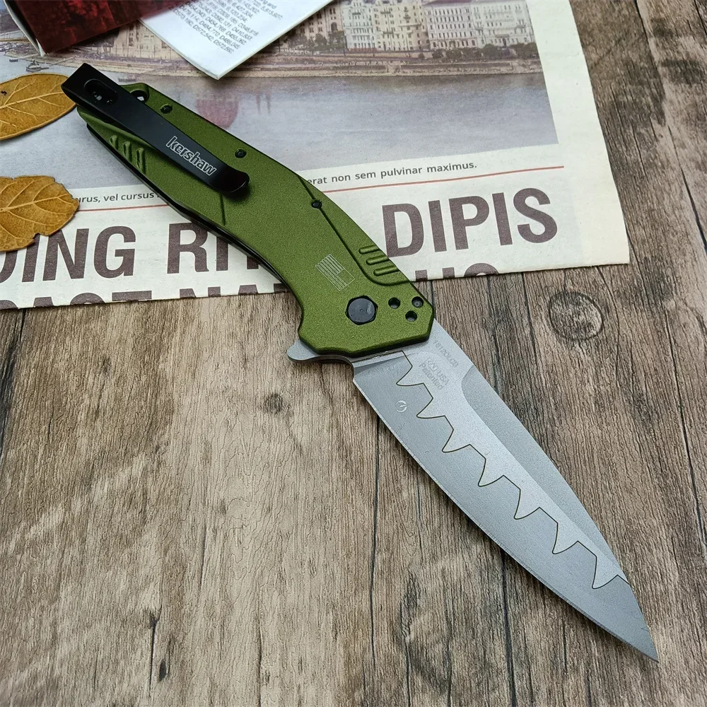 Auxiliary Fin Knife 1812OLCB, D2 Blade Olive Aluminum Handle Tactical Hunting Knife EDC Knife, Suitable for Camping, Hiking