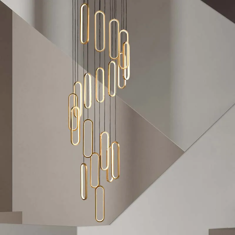 Moderno longo led escada lustre minimalismo preto teto interior pendurado lâmpada de luxo decoração para casa ouro cobre luminária