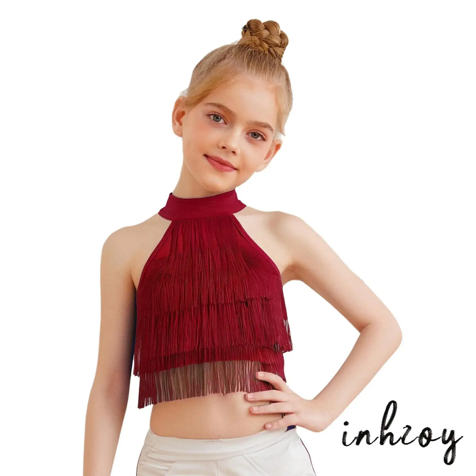 

Children Girls Radiant Salsa Latin Performance Vest with Flowing Fringe Details Dance Top for Belly Jazz Dance Performance