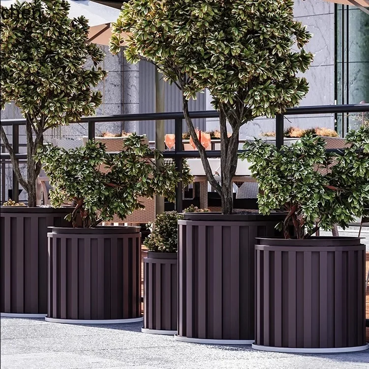 ZML Iron Art Outdoor Courtyard Sales Office Commercial Street Square Round Barrel Flower Pot Set