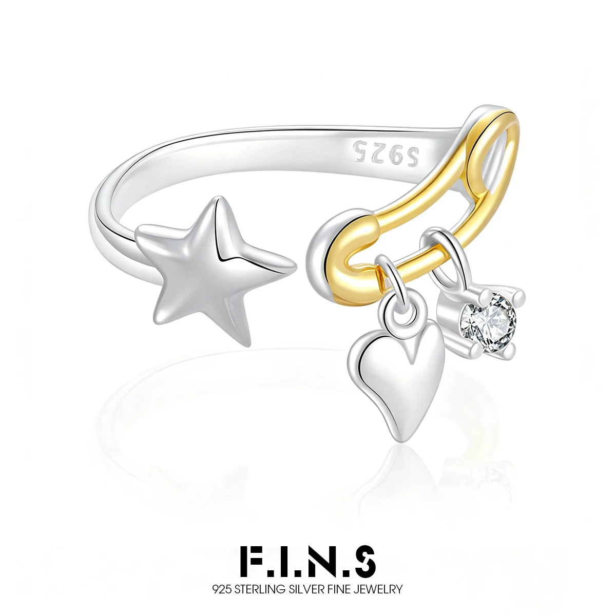 F.I.N.S Two Tone Real 925 Sterling Silver Ring For Women Trendy Star Heart Pendants Adjustable Finger Fine Jewelry Accessories