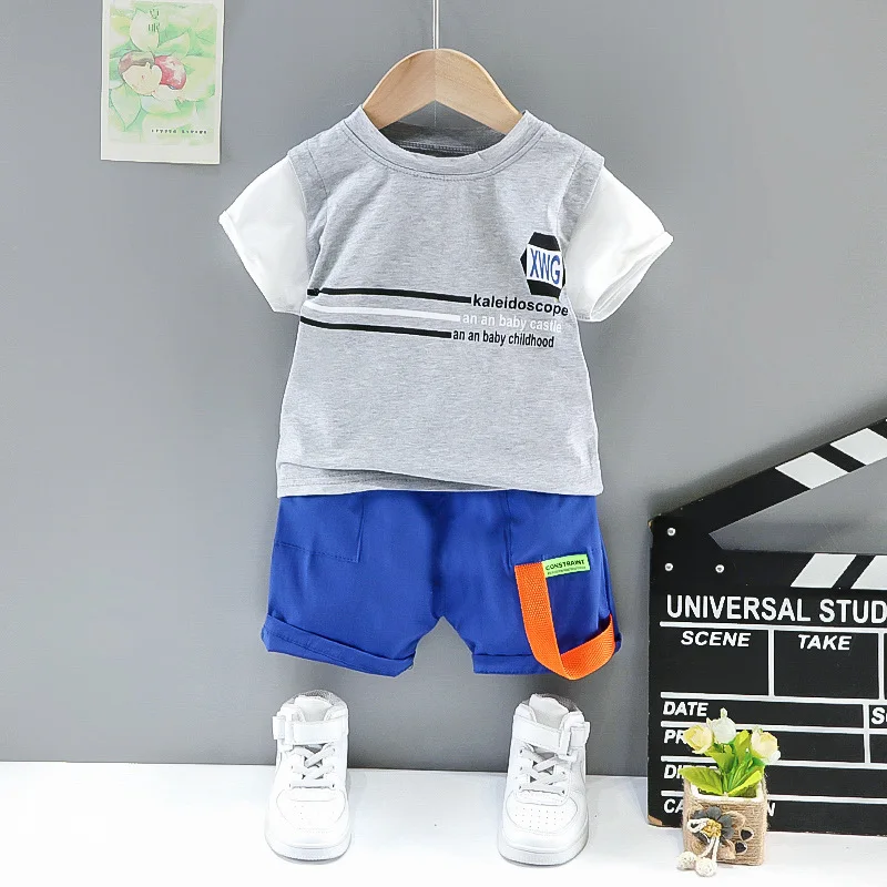 Kids Summer 2 Pieces Outfits Korean Fashion Patchwork Letter Printed O-neck Casual T-shirts Tops and Shorts Boys Infant Clothing