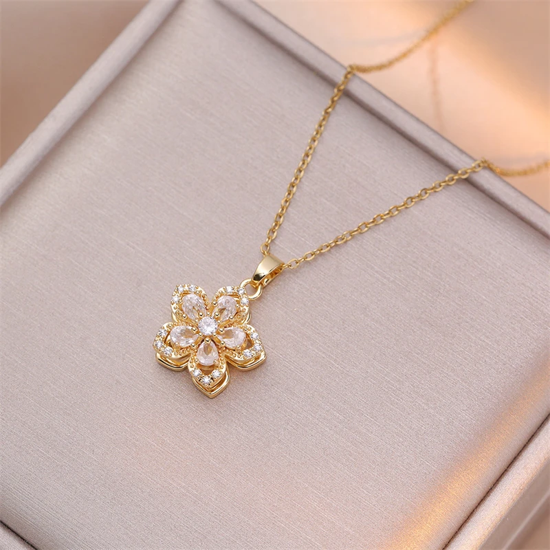 Exquisite Rotating Flower Pendant Necklace for Women Gold Color Shiny Zircon Stainless Steel Clavicle Chain Choker Charm Jewelry