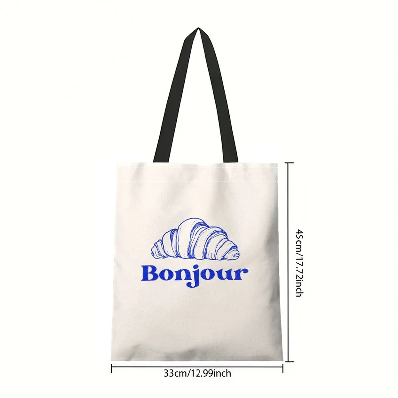 A croissant and“Bonjour” Personalized tote bag，Large-capacity, stylish, simple, durable outdoor picnic and party tote bag